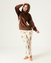 Women Winter Velvet Hoodie Pajama Set – Brown Soft Fabric & Printed Pants | Pyjamoda Cozy Homewear